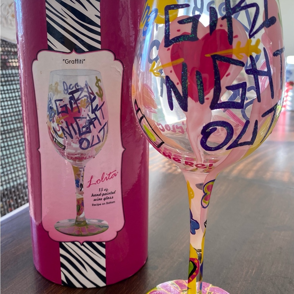 Lolita “Graffiti” Girls Night Out hand-painted Wine Glass - Multicolor, 15oz